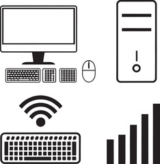 Fototapete - Computer Setup Silhouette Illustration with Keyboard, Mouse, Monitor, Tower, WiFi, and Signal Bars on Black