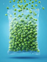 Poster - Bright 3D Illustration of Frozen Peas Spilling From a Resealable Bag With a Faded Background