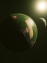 Wall Mural - A green alien planet with a moon and a bright sun