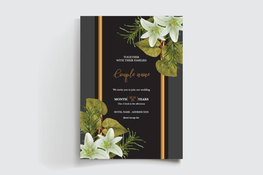 WEDDING INVITATION FRAME WITH FLOWER DECORATIONS AND FRESH LEAVES