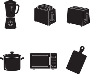 Fototapete - Silhouette Illustration of Kitchen Appliances: Blender, Toaster, Pot, Microwave, and Cutting Board on Black Background