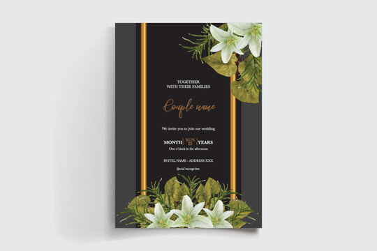 WEDDING INVITATION FRAME WITH FLOWER DECORATIONS AND FRESH LEAVES