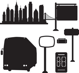 Fototapete - Silhouette Style Cityscape and Transportation Vector Illustration on Black Background for Travel and Tourism