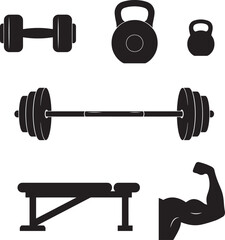 Fototapete - Silhouette Style Fitness Equipment Vector Illustration on Black Background for Gyms and Personal Training