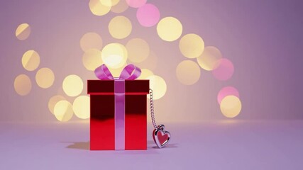 Poster - Red gift box with pink ribbon, heart keychain, romantic dreamy bokeh background, Valentine gift, surprise, ribbon, festive holiday