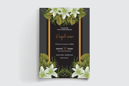 WEDDING INVITATION FRAME WITH FLOWER DECORATIONS AND FRESH LEAVES