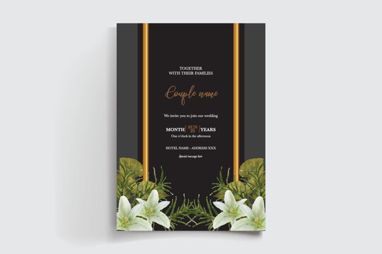 WEDDING INVITATION FRAME WITH FLOWER DECORATIONS AND FRESH LEAVES