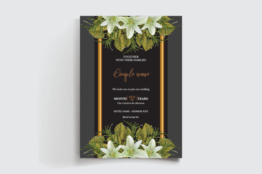 WEDDING INVITATION FRAME WITH FLOWER DECORATIONS AND FRESH LEAVES