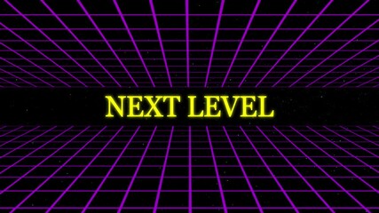 Poster - Retro futuristic 80s style digital design with next level text and purple grid backdrop for achievement and gaming concepts