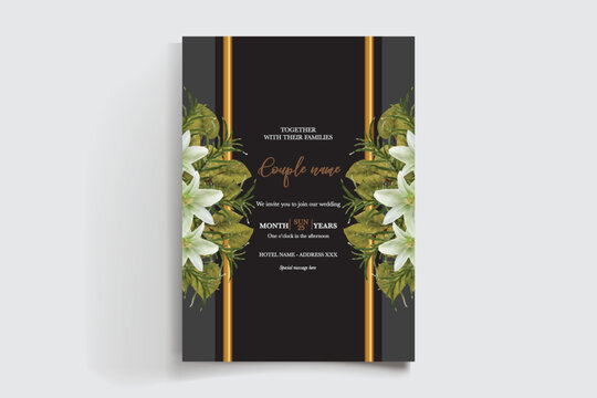 WEDDING INVITATION FRAME WITH FLOWER DECORATIONS AND FRESH LEAVES