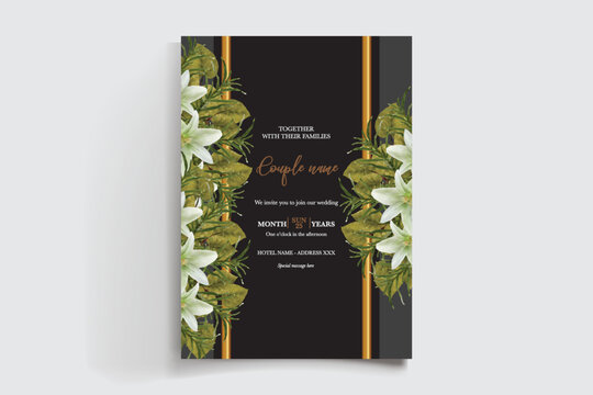 WEDDING INVITATION FRAME WITH FLOWER DECORATIONS AND FRESH LEAVES