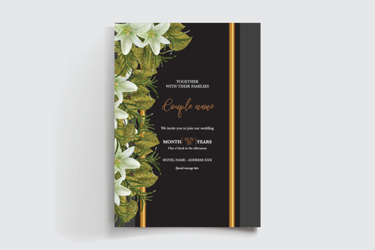 WEDDING INVITATION FRAME WITH FLOWER DECORATIONS AND FRESH LEAVES