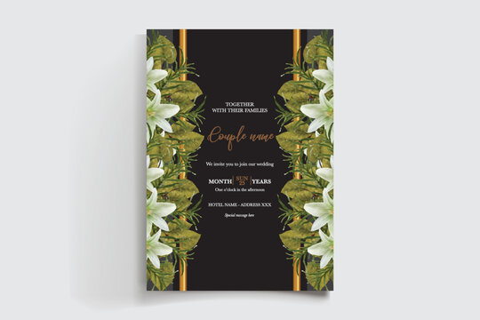 WEDDING INVITATION FRAME WITH FLOWER DECORATIONS AND FRESH LEAVES