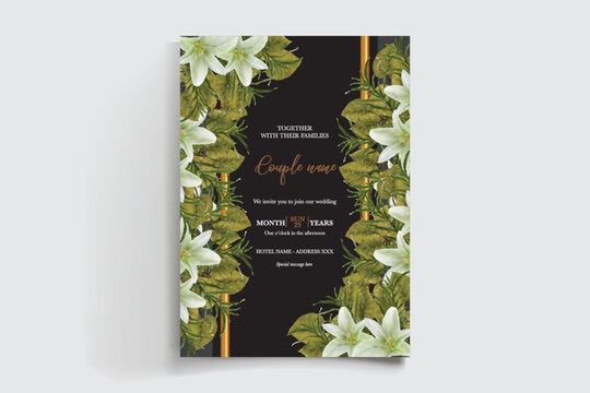 WEDDING INVITATION FRAME WITH FLOWER DECORATIONS AND FRESH LEAVES