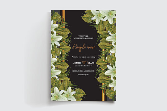 WEDDING INVITATION FRAME WITH FLOWER DECORATIONS AND FRESH LEAVES