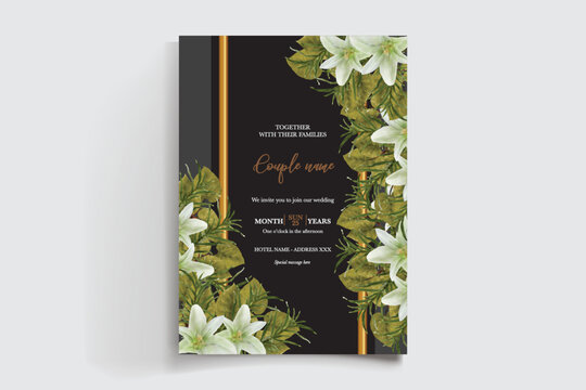 WEDDING INVITATION FRAME WITH FLOWER DECORATIONS AND FRESH LEAVES