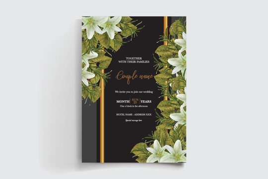 WEDDING INVITATION FRAME WITH FLOWER DECORATIONS AND FRESH LEAVES