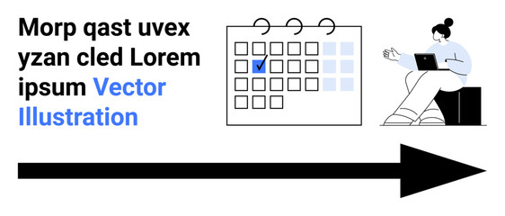 Poster - calendar with checkmarked date, person working on a laptop, and forward arrow for planning, scheduli