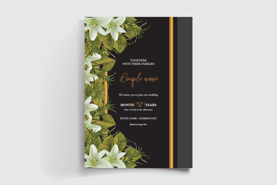WEDDING INVITATION FRAME WITH FLOWER DECORATIONS AND FRESH LEAVES