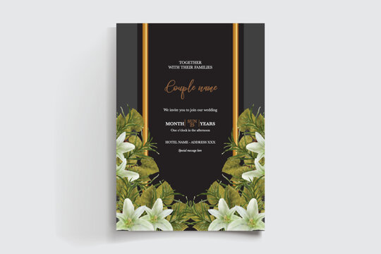 WEDDING INVITATION FRAME WITH FLOWER DECORATIONS AND FRESH LEAVES