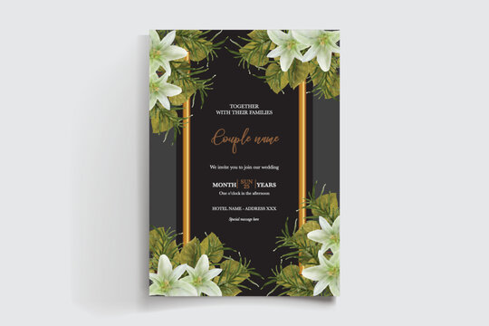 WEDDING INVITATION FRAME WITH FLOWER DECORATIONS AND FRESH LEAVES