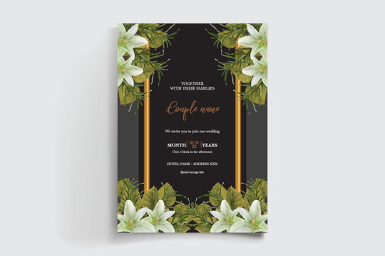 WEDDING INVITATION FRAME WITH FLOWER DECORATIONS AND FRESH LEAVES