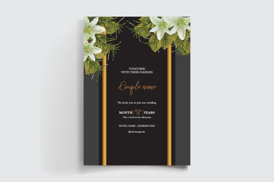 WEDDING INVITATION FRAME WITH FLOWER DECORATIONS AND FRESH LEAVES