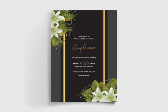 WEDDING INVITATION FRAME WITH FLOWER DECORATIONS AND FRESH LEAVES