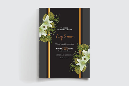 WEDDING INVITATION FRAME WITH FLOWER DECORATIONS AND FRESH LEAVES