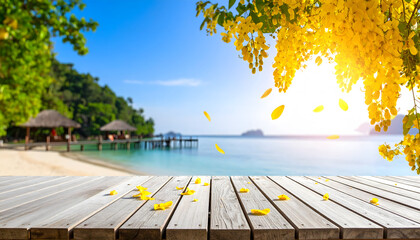 Aufkleber - Tropical Sunrise with Wooden Deck and Ocean View
