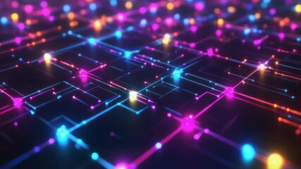 Fototapete - Neon Circuit Board: Abstract close-up of a vibrant neon circuit board, showcasing glowing nodes and interconnected lines, representing advanced technology and digital innovation. 
