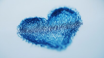 Close-up of a blue fingerprint shaped like a heart on a light background.