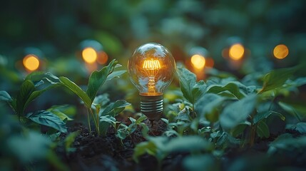 Poster - Glowing light bulb surrounded by lush green plants in a natural setting