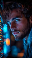 Poster - Tech founder coding in a dark office lit by neon blue computer screens