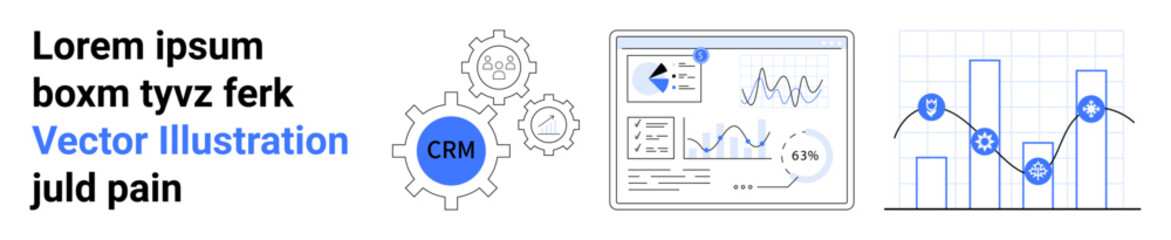 Poster - crm gears connecting with analytics dashboard and graph chart showcasing performance, efficiency, an