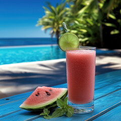 Poster - Watermelon slushie with lime garnish on blue table by pool, tropical summer refreshment, relaxing vacation vibe