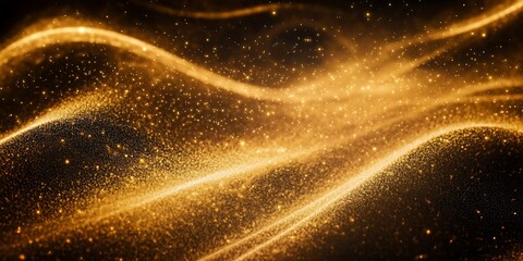 Poster - Gold color digital particles wave flow or diffuse by the wind of the sand. Abstract technology background concept. Abstract Black and Gold Color Digital Particles Wave With Bokeh Background

