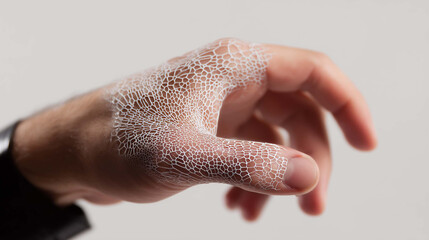 Innovative artificial skin prototype on human hand, representing biotechnology, tissue engineering, and medical science for future skin regeneration and transplantation.