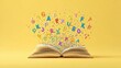 © Halina - Open book with colorful alphabet letters flying out on yellow background symbolizing learning and creativity