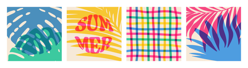 Aufkleber - Bright Summer Tropical Card Set – Bold Leaf Patterns & Colorful Retro Typography for Seasonal Design