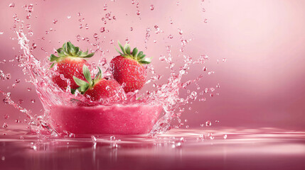 Poster - Strawberry juice splash pink fresh fruit water background isolated vibrant refreshing liquid ripe