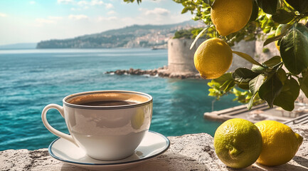 Poster - Cup of espresso lemon sea stone wall sunny outdoor scenic travel relaxation summer