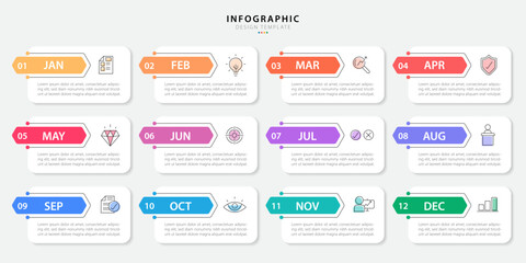 Fototapete - Timeline Creator infographic template. 12 months timeline journey, 1 year calendar infographics design template. presentation graph. Business concept with 12 options or steps, vector illustration.