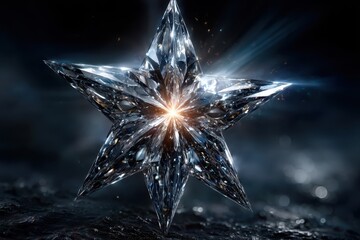 Poster - Shimmering star-shaped crystal with radiant light in a dark background