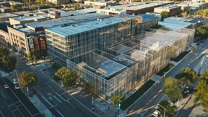 Modern glass building in urban setting with busy street, pedestrians, and trees in the background