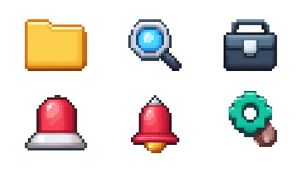 Fototapete - Pixel art icons representing various elements such as folder, magnifying glass, briefcase, alarm, bell and gear are displayed on a transparent background, creating a retro and nostalgic visual