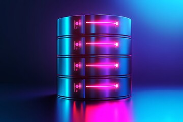Poster - 3D database server stack icon, shiny metallic vector style, neon glow and sleek tech-themed background 