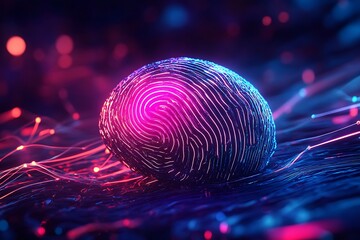 Poster - 3d digital fingerprint security icon, futuristic vector design, vibrant neon lines and a dark tech b