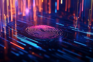 Poster - 3D digital fingerprint security icon, futuristic vector design, vibrant neon lines and a dark tech background 