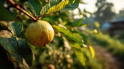 Fototapete - Close-up of a ripe guava fruit growing on a tree branch surrounded by green leaves in a natural outdoor setting